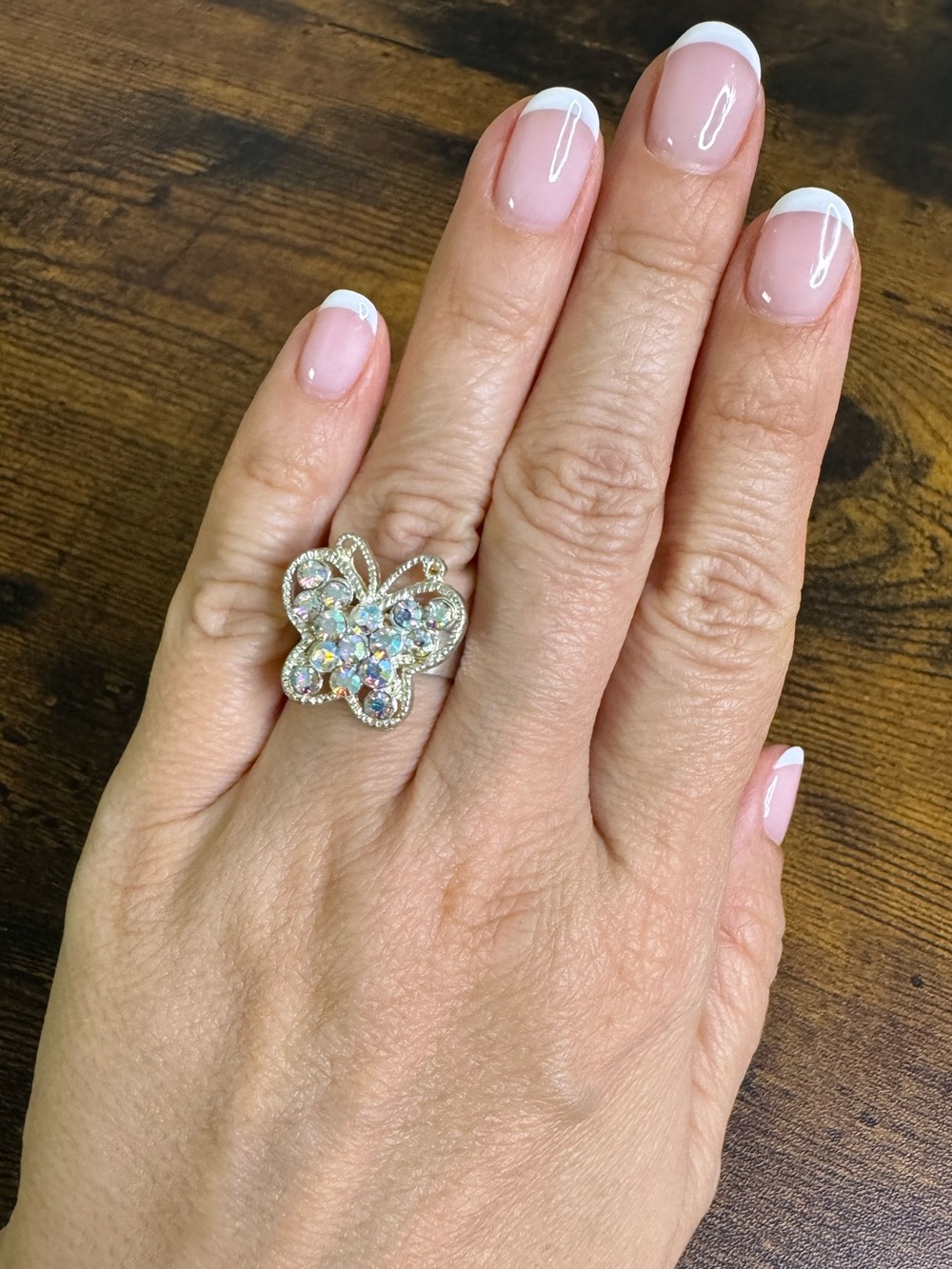 Iridescent AB Crystal Adjustable Butterfly Ring - Silver Tone